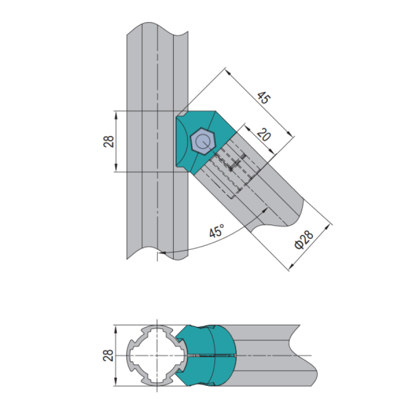 45° Inner Connector D28 Aluminum Alloy - Imagen 3